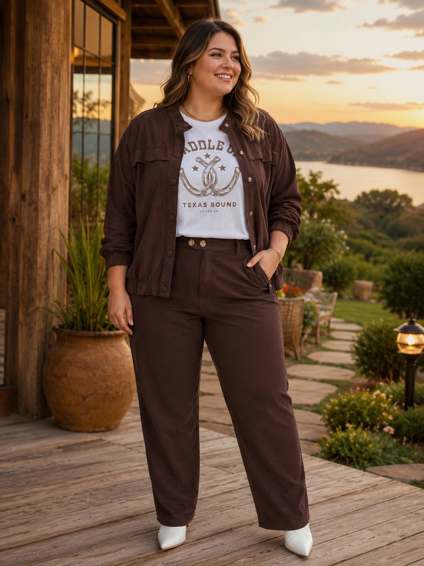 Look feminino marrom em cenário quente