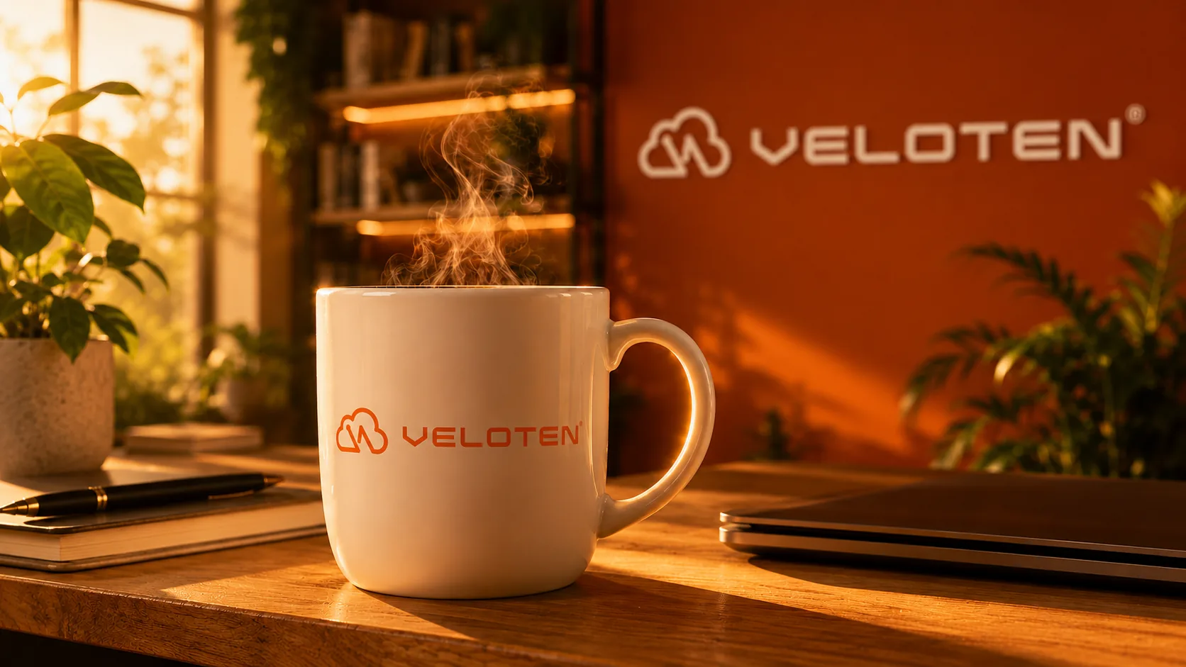 Caneca da marca Veloten sobre uma mesa em ambiente acolhedor, simbolizando o atendimento próximo