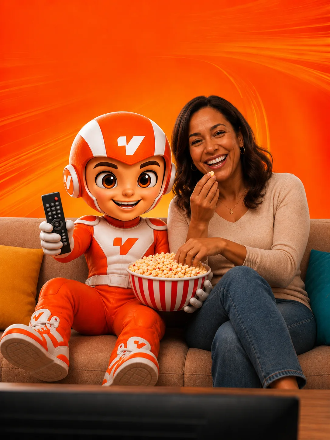 Cliente no sofá com o mascote Pinggy da Veloten assistindo streaming com pipoca e controle remoto